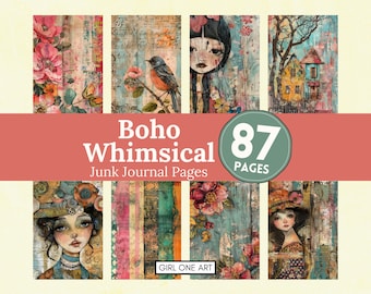 Boho Whimsical Mixed Media Junk Journal Pages JPG Digital Download Colorful Scrapbook Paper Birds Floral Girls Backgrounds Whimsy Printable