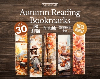 Autumn Reading Printable Bookmarks Bundle Downloadable PNG JPG Commercial Use Fall Bookmark Sublimation Botanical Academia Tags Junk Journal