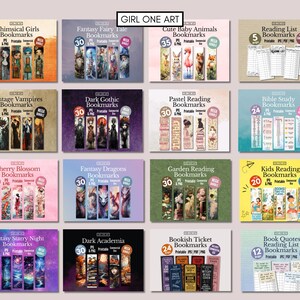 Puede incluir: Una colecci&oacute;n de marcadores imprimibles con varios temas, incluyendo chicas caprichosas, cuentos de hadas de fantas&iacute;a, animales beb&eacute;s lindos y listas de lectura. Cada dise&ntilde;o de marcador presenta ilustraciones &uacute;nicas y el texto "GIRL ONE ART".