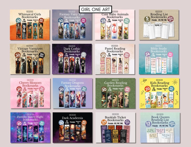Puede incluir: Una colecci&oacute;n de marcadores imprimibles con varios temas, incluyendo chicas caprichosas, cuentos de hadas de fantas&iacute;a, animales beb&eacute;s lindos y listas de lectura. Cada dise&ntilde;o de marcador presenta ilustraciones &uacute;nicas y el texto "GIRL ONE ART".