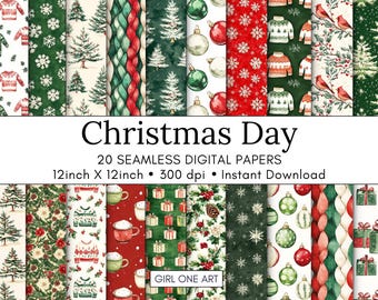 May include: A digital paper pack titled "Christmas Day" featuring 20 seamless designs. The patterns include Christmas sweaters, ornaments, snowflakes, and Christmas trees. Each paper is 12 inches by 12 inches.