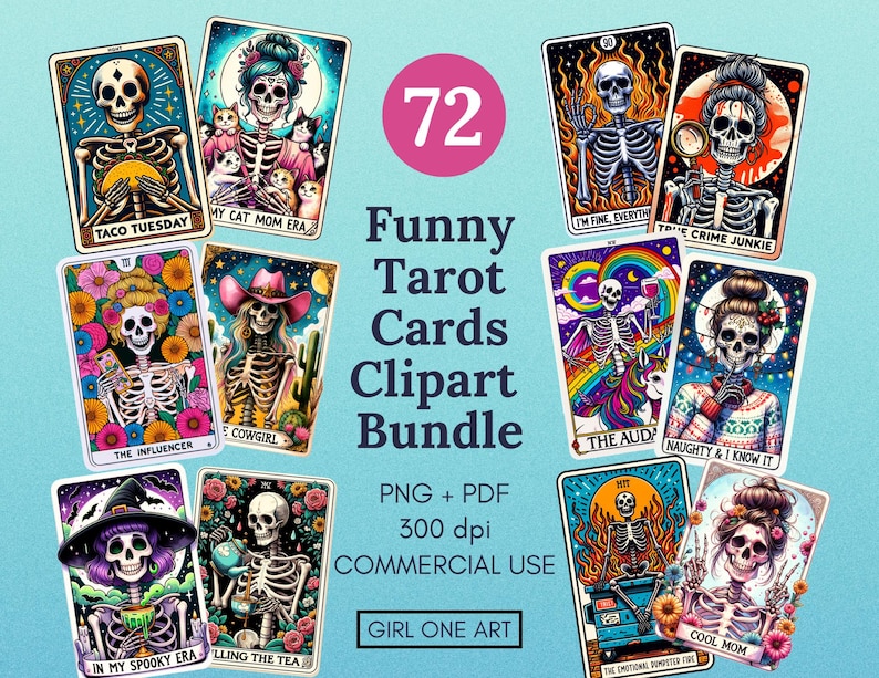 Funny Tarot Cards Clipart Set PNG PDF Commercial Use Sarcastic Snarky Skeleton Sublimation Witchy Digital Mom Dad Adult Humor Design image 1