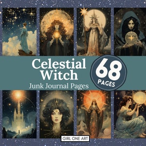 May include: A digital collage of 68 pages of celestial witch themed junk journal pages. The pages feature illustrations of women with stars, moons, and celestial bodies. The title "Celestial Witch" and "68 Pages" are displayed on the collage.
