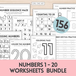 May include: A bundle of 156 pages of number worksheets for kids. The worksheets include number sequence mazes, counting exercises, coloring pages, and number writing practice. The bundle features numbers 1-20.