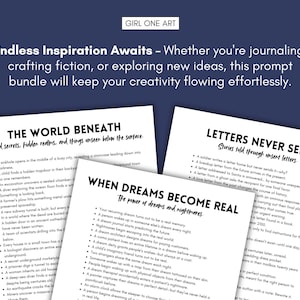 May include: A set of four printable writing prompts for creative writing. The prompts are titled "The World Beneath", "Letters Never Sent", and "When Dreams Become Real".