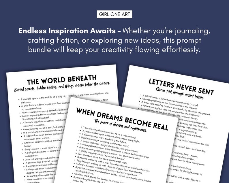 May include: A set of four printable writing prompts for creative writing. The prompts are titled "The World Beneath", "Letters Never Sent", and "When Dreams Become Real".