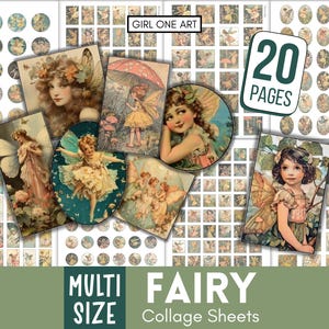 May include: A collection of vintage-style fairy collage sheets. The image features various fairy illustrations in soft pastel colors, with the text "GIRL ONE ART", "20 PAGES", "MULTI SIZE", and "FAIRY Collage Sheets".