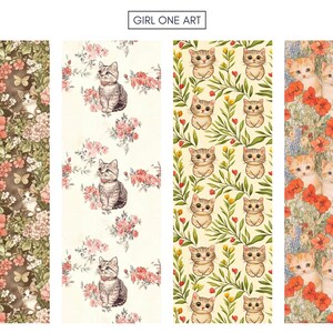 May include: Four different seamless patterns featuring cats and flowers. The patterns are in shades of green, brown, pink, and white. The first pattern features a brown cat with green eyes and a pink flower. The second pattern features a white cat with green eyes and a pink flower. The third pattern features a white cat with green eyes and a yellow flower. The fourth pattern features a white cat with green eyes and a red flower.