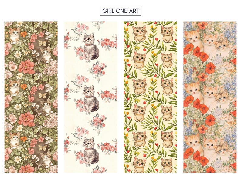 May include: Four different seamless patterns featuring cats and flowers. The patterns are in shades of green, brown, pink, and white. The first pattern features a brown cat with green eyes and a pink flower. The second pattern features a white cat with green eyes and a pink flower. The third pattern features a white cat with green eyes and a yellow flower. The fourth pattern features a white cat with green eyes and a red flower.