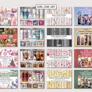 May include: A collage of digital products for sale, including printable bookmarks, digital papers, and clipart. The products feature a variety of themes, including fantasy, nature, and holidays. The products are available for commercial use.