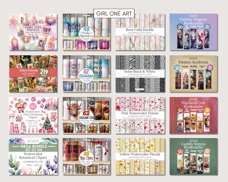 May include: A collage of digital products for sale, including printable bookmarks, digital papers, and clipart. The products feature a variety of themes, including fantasy, nature, and holidays. The products are available for commercial use.