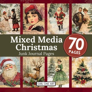 Gemengde techniek Kerstmis ongewenste dagboekpagina's Digitaal winterplakboekpapier Kerstman Collagevellen Vintage achtergronden JPG