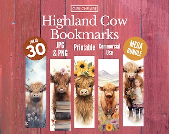 Highland Cow Bookmarks Bundle Printable Digital Download PNG JPG Commercial Use Sublimation Junk Journal Bookmark Sheet Print & Cut Gift