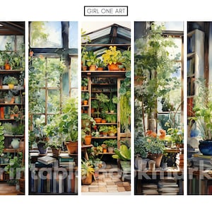 May include: A watercolor painting of a sunlit greenhouse filled with plants and books. The painting is divided into five sections, each showing a different part of the greenhouse. The first section shows a bookshelf filled with books and plants. The second section shows a window with sunlight streaming through it. The third section shows a table with plants and books on it. The fourth section shows a shelf with plants on it. The fifth section shows a window with sunlight streaming through it.