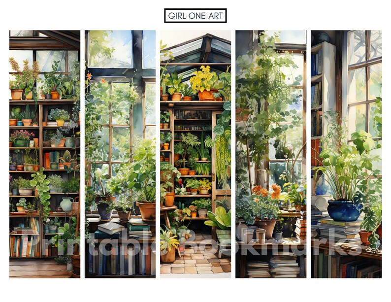 May include: A watercolor painting of a sunlit greenhouse filled with plants and books. The painting is divided into five sections, each showing a different part of the greenhouse. The first section shows a bookshelf filled with books and plants. The second section shows a window with sunlight streaming through it. The third section shows a table with plants and books on it. The fourth section shows a shelf with plants on it. The fifth section shows a window with sunlight streaming through it.