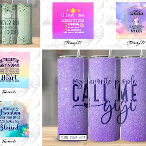 May include: Set of six sublimation tumblers with various designs and text. The tumblers are purple with glitter and feature sayings like "Glam-ma", "Being a Grandma", "And God Said Let There Be Grandma", "My Favorite People Call Me Gigi", and "Being a Grandma Doesn't Make Me Old It Makes Me Blessed".