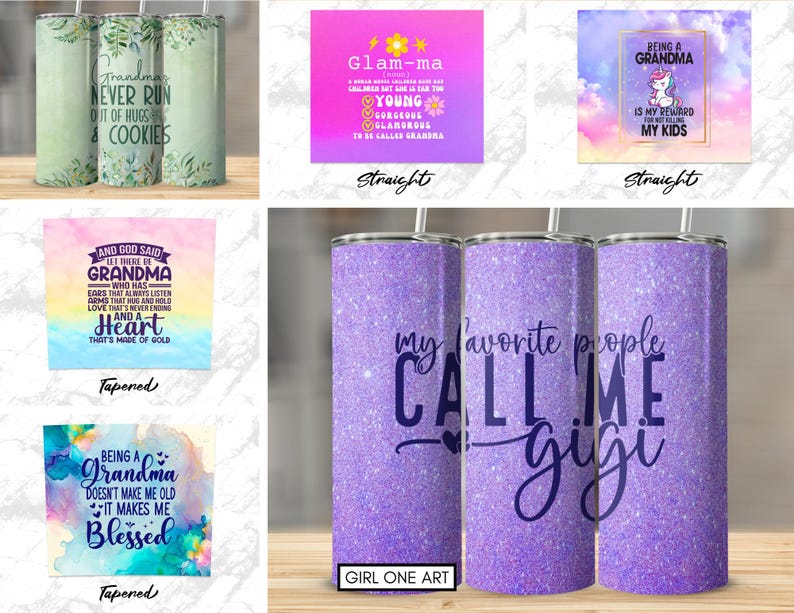 May include: Set of six sublimation tumblers with various designs and text. The tumblers are purple with glitter and feature sayings like "Glam-ma", "Being a Grandma", "And God Said Let There Be Grandma", "My Favorite People Call Me Gigi", and "Being a Grandma Doesn't Make Me Old It Makes Me Blessed".