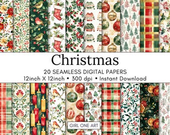 May include: A collection of 20 seamless digital Christmas-themed papers, each 12 inches by 12 inches. The designs include festive patterns with ornaments, birds, and holiday motifs. The image also includes the text "Christmas".