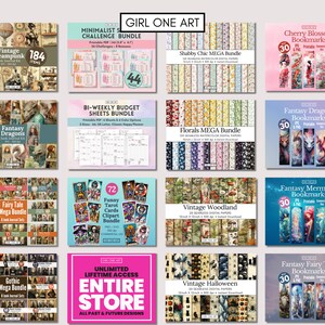 May include: A collage of digital products for sale, including printable bookmarks, digital papers, and clipart. The products feature a variety of themes, including fantasy, steampunk, and vintage.
