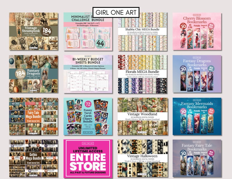 May include: A collage of digital products for sale, including printable bookmarks, digital papers, and clipart. The products feature a variety of themes, including fantasy, steampunk, and vintage.