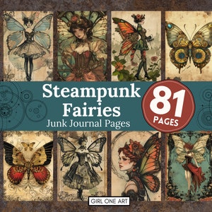 Steampunk Hadas Junk Journal Páginas Digital Scrapbook Papel Vintage Fantasía Collage Hojas Imprimibles Industrial Grunge Descargar JPG