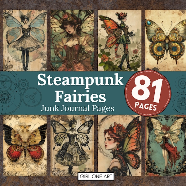 Steampunk Fairies Junk Journal Pages Digital Scrapbook Paper Vintage Fantasy Collage Sheets Printable Industrial Grunge Download JPG