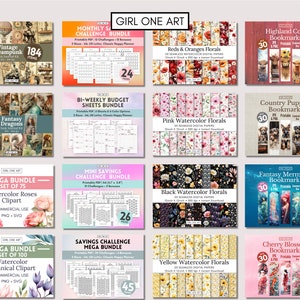 May include: A collage of digital products for sale, including printable budget sheets, savings challenges, watercolor floral clipart, and bookmarks featuring highland cows, puppies, mermaids, and cherry blossoms. The products are available in a variety of colors and designs.