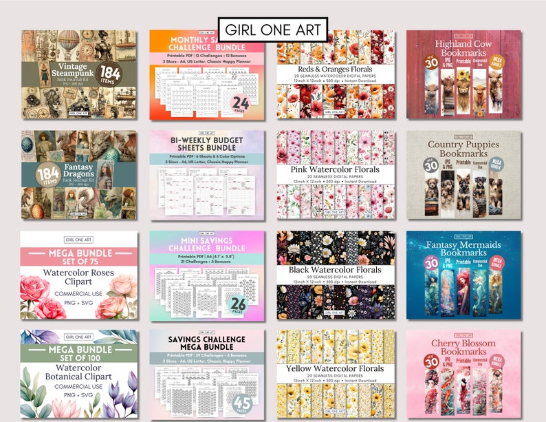 May include: A collage of digital products for sale, including printable budget sheets, savings challenges, watercolor floral clipart, and bookmarks featuring highland cows, puppies, mermaids, and cherry blossoms. The products are available in a variety of colors and designs.