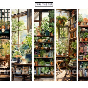 Peut inclure: Une peinture &agrave; l'aquarelle d'un int&eacute;rieur de serre ensoleill&eacute; avec une biblioth&egrave;que remplie de livres, une table avec une chaise et des &eacute;tag&egrave;res d&eacute;bordant de plantes en pot. La peinture est divis&eacute;e en cinq sections verticales, chacune pr&eacute;sentant une partie diff&eacute;rente de la serre.