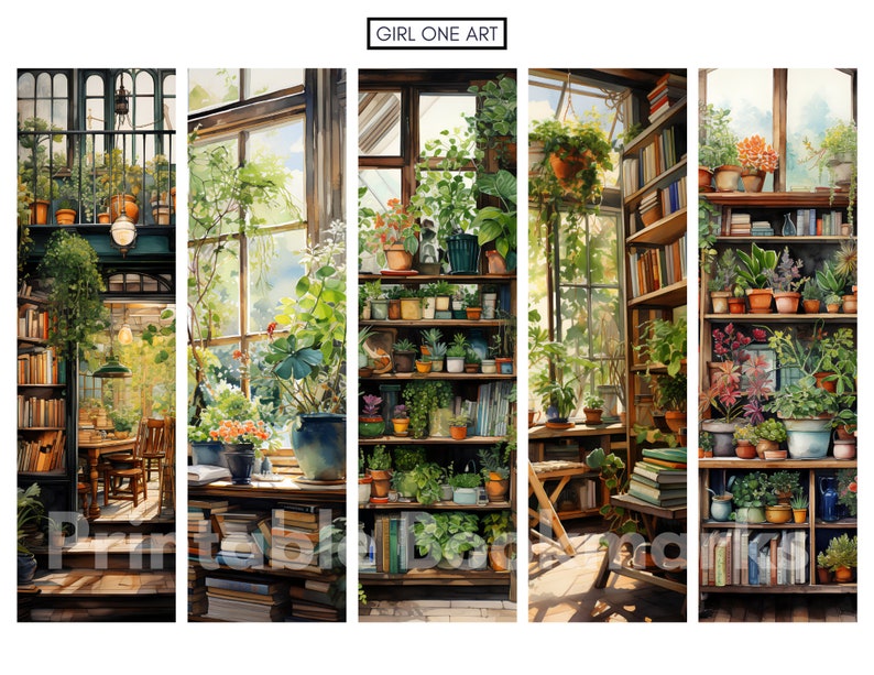 Peut inclure: Une peinture &agrave; l'aquarelle d'un int&eacute;rieur de serre ensoleill&eacute; avec une biblioth&egrave;que remplie de livres, une table avec une chaise et des &eacute;tag&egrave;res d&eacute;bordant de plantes en pot. La peinture est divis&eacute;e en cinq sections verticales, chacune pr&eacute;sentant une partie diff&eacute;rente de la serre.