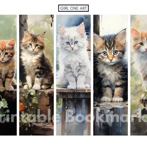 Peut inclure: Ensemble de cinq marque-pages aquarelle repr&eacute;sentant d'adorables chatons de diff&eacute;rentes couleurs et motifs. Chaque marque-page pr&eacute;sente un chaton diff&eacute;rent, avec des d&eacute;tails tels que la couleur de la fourrure et des yeux. Le texte "Printable Bookmarks" est visible.