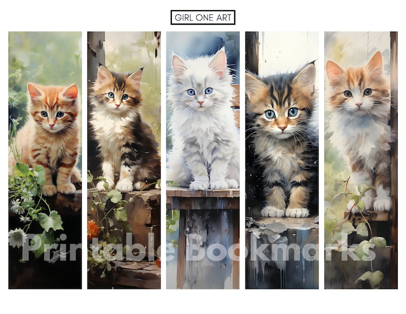 Peut inclure: Ensemble de cinq marque-pages aquarelle repr&eacute;sentant d'adorables chatons de diff&eacute;rentes couleurs et motifs. Chaque marque-page pr&eacute;sente un chaton diff&eacute;rent, avec des d&eacute;tails tels que la couleur de la fourrure et des yeux. Le texte "Printable Bookmarks" est visible.
