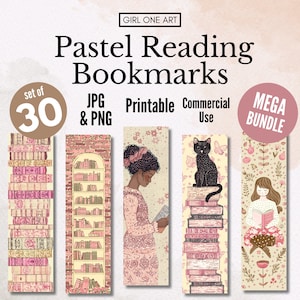 Pode incluir: Um conjunto de 30 marcadores de página imprimíveis com cores pastel e ilustrações de livros, uma estante, um gato e uma pessoa lendo. O texto "Pastel Reading Bookmarks" está no topo da imagem. O texto "set of 30" está em um círculo. O texto "JPG & PNG" está abaixo do círculo. O texto "Printable Commercial Use" está abaixo do texto "JPG & PNG". O texto "MEGA BUNDLE" está em um círculo.