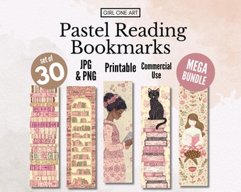 Bundle de signets imprimables de lecture pastel téléchargeable PNG JPG signet à usage commercial Sublimation Tags universitaires Livres empilés Journal indésirable