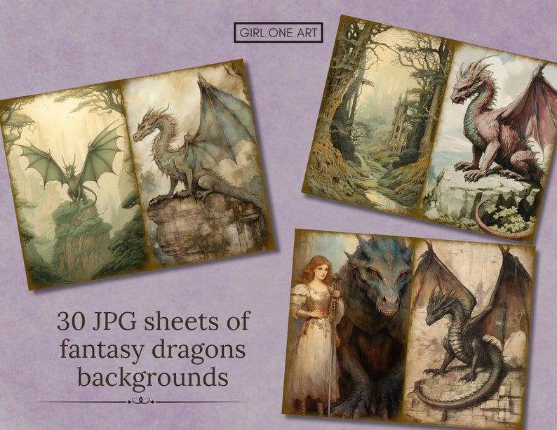 May include: A digital collage of 30 fantasy dragon illustrations. The images feature dragons in various poses and settings, including a green dragon with large wings, a red dragon with a long tail, and a blue dragon with a woman standing next to it. The images are perfect for digital scrapbooking, card making, and other creative projects.