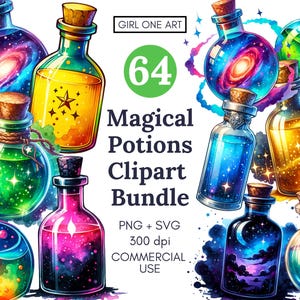 Könnte beinhalten: 64 digitale Clipart-Bilder von magischen Zaubertrankflaschen mit Galaxie- und Sternendesigns. Die Flaschen sind in verschiedenen Farben, darunter Blau, Grün, Lila und Gold. PNG- und SVG-Dateien enthalten.