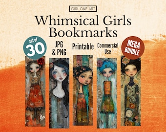 Whimsical Mixed Media Girls Printable Bookmark Bundle PNG JPG Print & Cut Boho Botanical Scrapbook Junk Journal Book Gift Flower Labels Tags