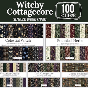 May include: Digital paper sets with a Witchy Cottagecore theme. The image showcases patterns like Celestial Witch, Botanical Herbs, Victorian Gothic, Dark Cottagecore, and Gothic Bookshelf. Each set includes 20 seamless digital papers, 30.48cm x 30.48cm.