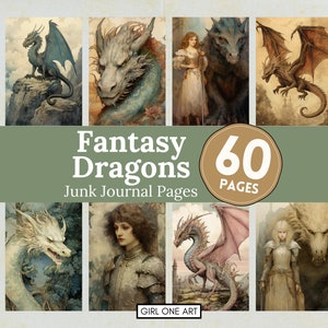 Fantasy Dragons Junk Journal Pages Instant Download Digital Scrapbook Paper Collage Sheets Printable Backgrounds JPG