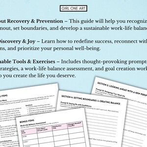 May include: A printable guide with the title "Burnout Recovery & Prevention" and "Self-Discovery & Joy". The guide includes worksheets and prompts to help with self-care, setting boundaries, and creating a sustainable work-life balance.