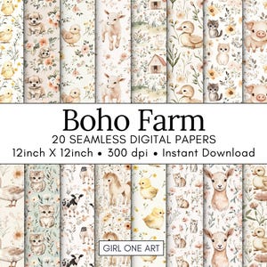 Papier sans couture ferme bohème aquarelle numérique pépinière animal Cottagecore nouveau bébé Design fleurs motif vache mignon oie canard grange fond
