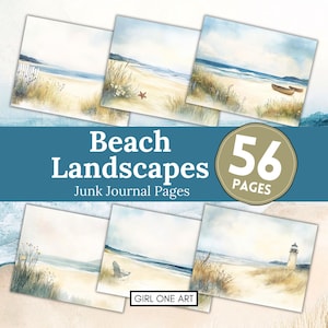 Kit de pages pour carnet de bord, paysages de plage, papier aquarelle mer, imprimables côtières shabby chic, océan, été, bleu nautique, kit éphémères
