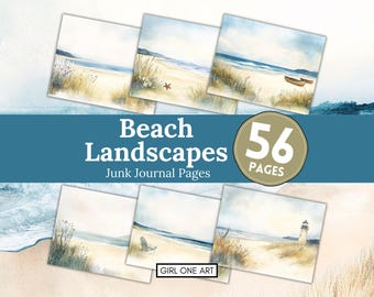 Puede incluir: 56 páginas de páginas de diario de chatarra imprimibles con ilustraciones de acuarela de paisajes de playa. Las páginas incluyen imágenes de conchas marinas, arena, olas, barcos y faros.