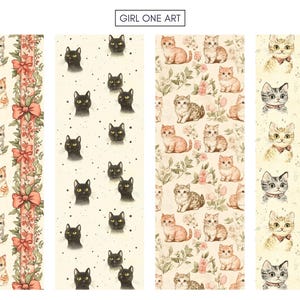 May include: Four different seamless patterns featuring cats. The first pattern features black cats on a cream background. The second pattern features gray and white cats with pink flowers on a cream background. The third pattern features orange and white cats with pink flowers on a cream background. The fourth pattern features gray and white cats with pink flowers on a cream background.