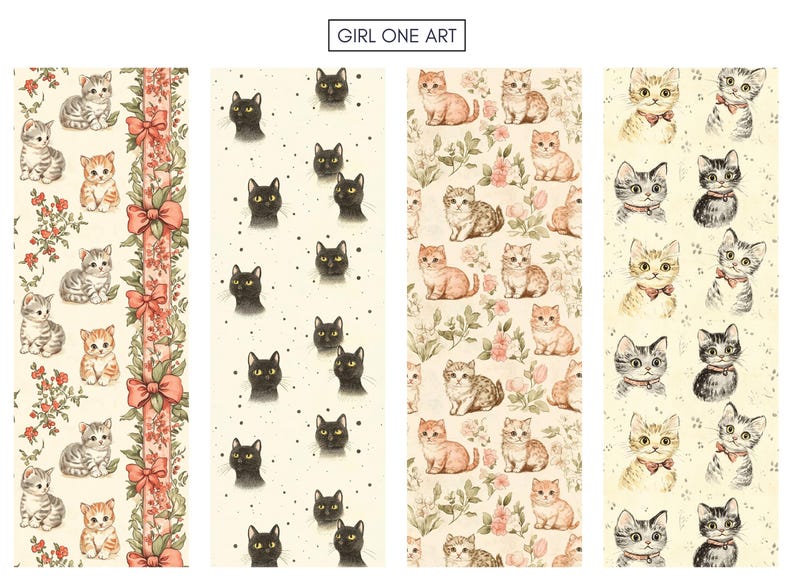 May include: Four different seamless patterns featuring cats. The first pattern features black cats on a cream background. The second pattern features gray and white cats with pink flowers on a cream background. The third pattern features orange and white cats with pink flowers on a cream background. The fourth pattern features gray and white cats with pink flowers on a cream background.