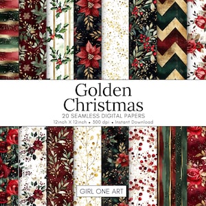 Golden Christmas Digital Paper Pack: Elegant Holiday Seamless Patterns (PDF & JPEG)