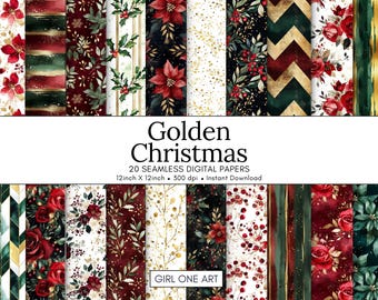 May include: A collection of 20 seamless digital papers with a Christmas theme. The papers feature various patterns including poinsettias, holly, and gold accents. Each paper is 12 inches by 12 inches and has a resolution of 300 dpi. The text "Golden Christmas" is displayed.