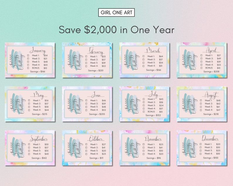 May include: A printable savings challenge chart with a watercolor background. The chart is divided into 12 sections, one for each month of the year. Each section has a list of weekly savings goals, with a total savings amount at the bottom. The chart is titled "Save $2,000 in One Year".