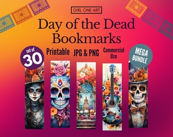 Day of the Dead Printable Bookmarks Bundle Skulls La Catrina Altars Downloadable PNG JPG Commercial Use Sublimation Book Gift Junk Journal