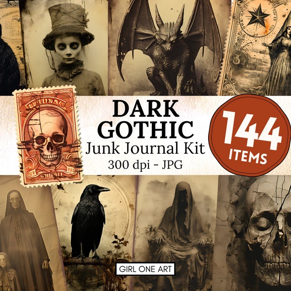 Dark Gothic Junk Journal Kit Instant Download Digital Scrapbook Paper Spooky Collage Sheets Vintage Ephemera Horror Gothic Backgrounds JPG